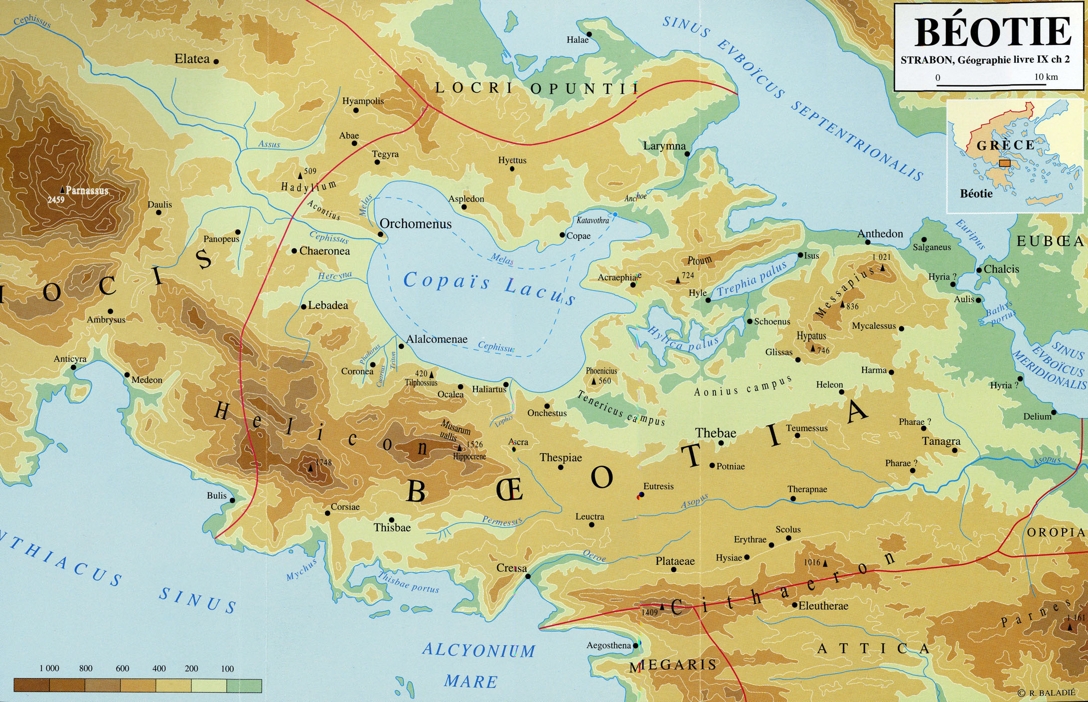 Grèce carte de la Béotie selon Strabon